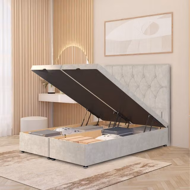 Somnior Beds Ltd Chesterfield Velvet Ottoman Bed with Gas Lift and 54 inch Floor Standing Headboard, Silver, W/D/H: 140 x 200 x 137 cm