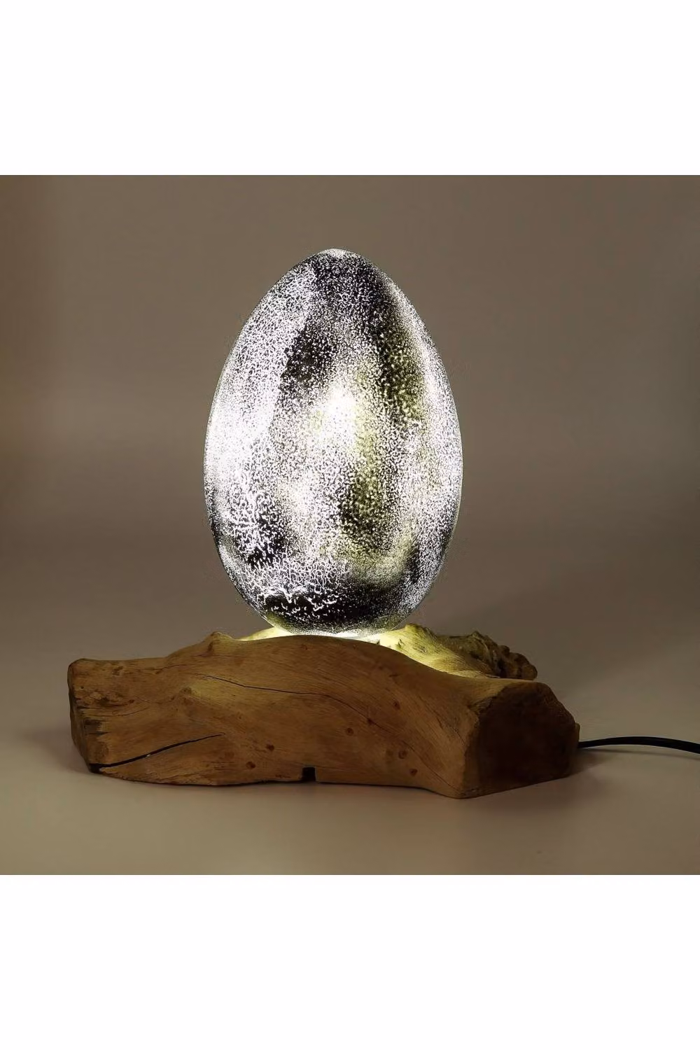 KDMD DriftGlow Crackle Lava Egg Tabletop Lamp in Grey with Natural Driftwood Accent – 1