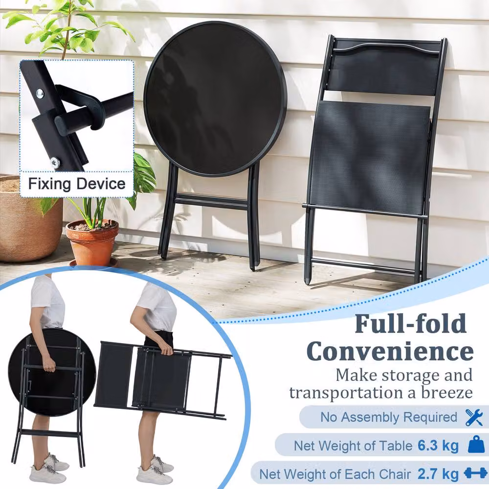 Costway 3 Piece Folding Bistro Set with Metal Frame and Glass Top in Matt Black – 3