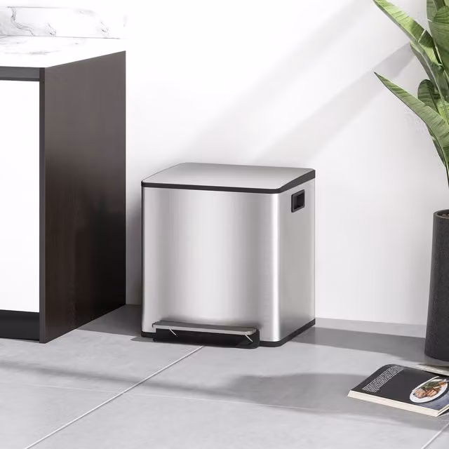 HOMCOM Double Kitchen Pedal Bin with Soft-Close Lid, 2 x 25L, Silver Stainless Steel and Plastic