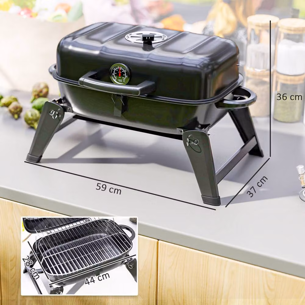 Rolipo Black Folding Charcoal Kettle BBQ Grill with Thermometer and Warming Rack – 5