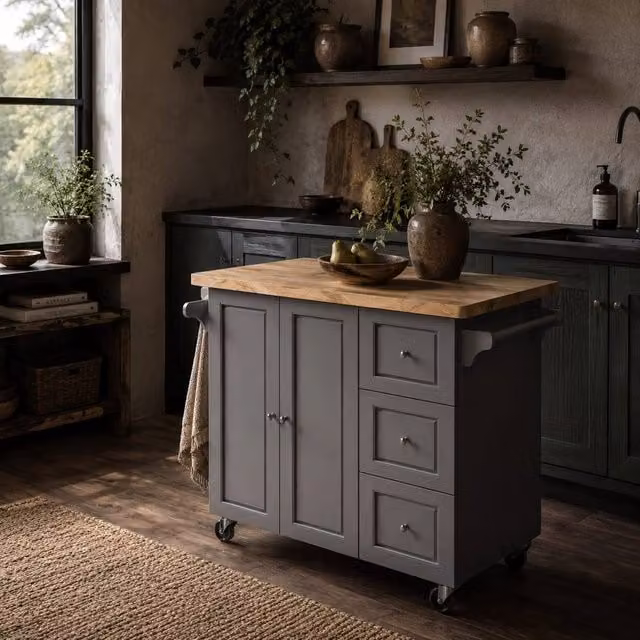 Wyld Haus Grey Rolling Kitchen Island with Rubberwood Top, Drop Leaf and Drawers, W/D/H: 111.5 x 89.0 x 45.0 cm