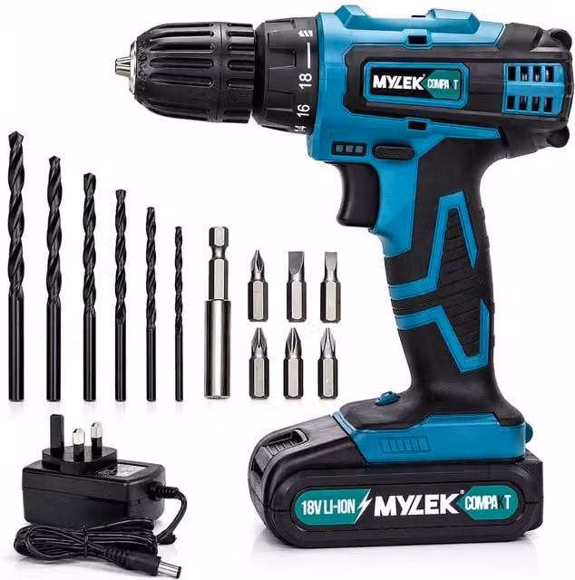 Mylek 18V Cordless Li-Ion Drill and Screwdriver Set with 13 Piece Combi Accessory Kit, Blue/Black