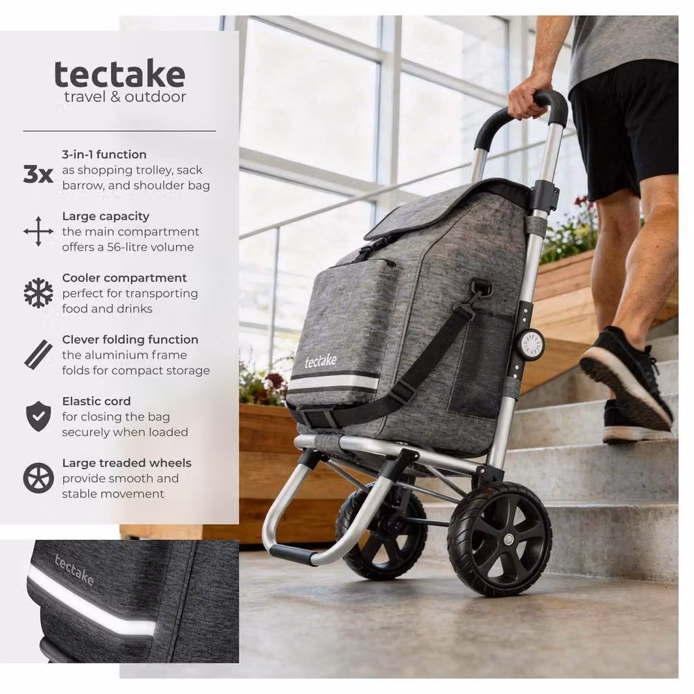 tectake 3-in-1 Foldable Shopping Trolley with Cooler Bag in Grey – 2