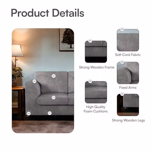 SOFASELECTION UK 4 Seater Left Hand Facing Corner Sofa in Grey Jumbo Cord High Back L-Shape Design – 4