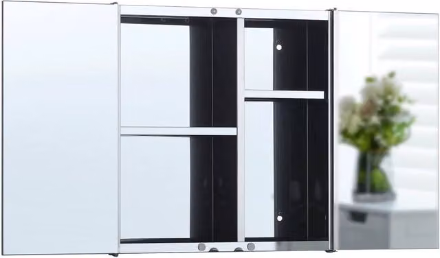 FORGEVIO Modern Silver Stainless Steel Mirrored Bathroom Cupboard with Hinged Glass Doors and Internal Shelves