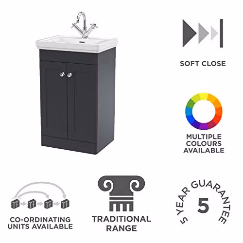 nuie Classique Traditional 2 Door Floor Standing Bathroom Vanity Unit with Fireclay Basin, Soft Black, W: 500 mm, D: 406 mm, H: 86.6 mm – 2