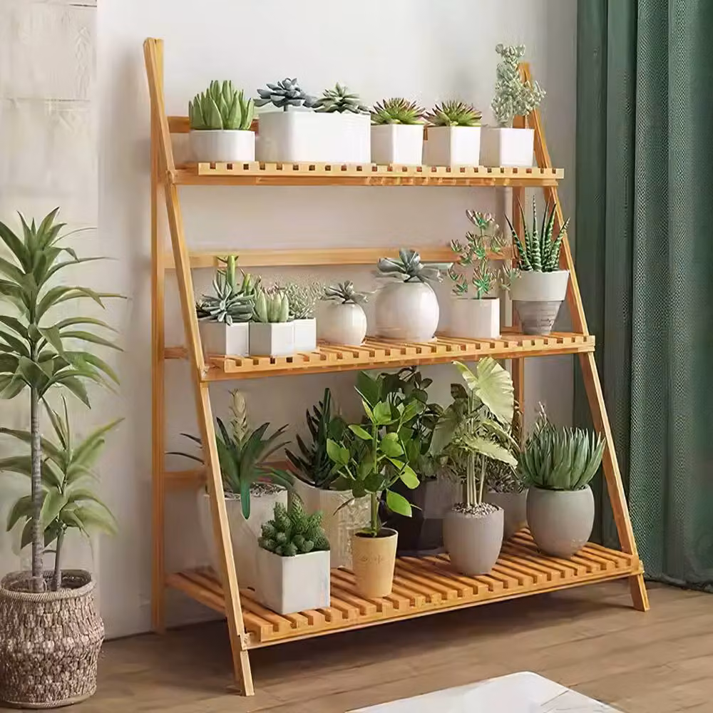 Living and Home 3-Tier Foldable Wooden Ladder Plant Stand in Natural Brown – 4