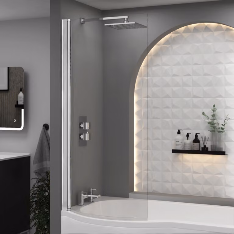 Nuie Curved P-Shaped Asymmetric Hinged Bath Screen with 6mm Clear Glass and Chrome Finish, H 143.5 cm x W 72 cm