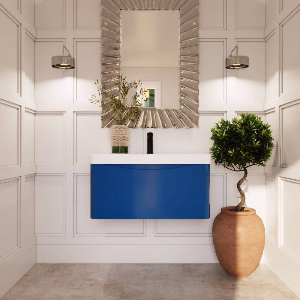 Balterley Arch Wall Hung 1 Drawer Bathroom Vanity with Ceramic Basin, Blue, Width: 80 cm – 1