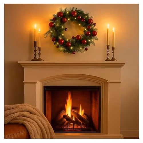 Christmas Shop Pre-Lit Christmas Wreath with LED Lights in Green, Red and Gold, Diameter: 40 cm