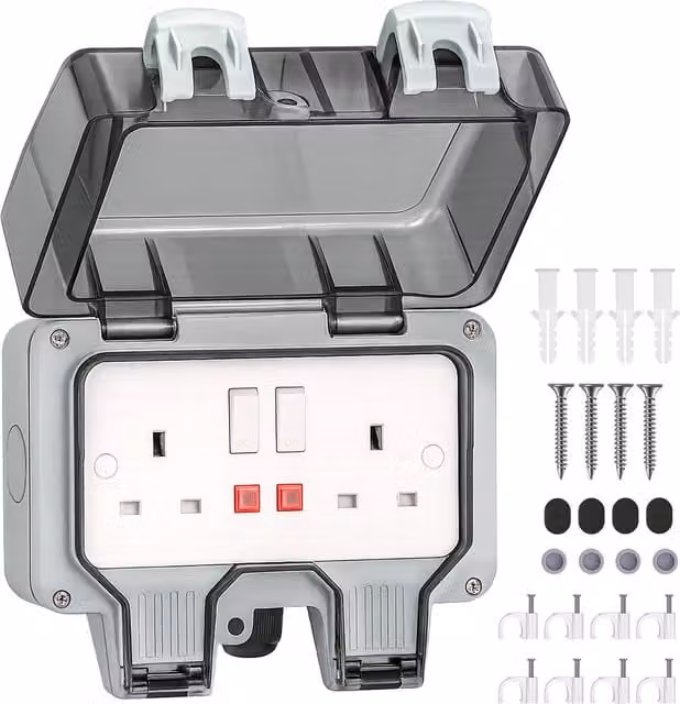 DESIRETECH Outdoor Double Switched Socket with 10m Cable, 2 Gang IP66, Grey and Transparent
