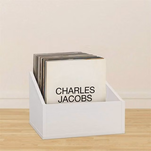Charles Jacobs White Modern Vinyl Record Storage Box for 12 inch LPs, W/D/H: 36.5 x 34.0 x 26.5 cm