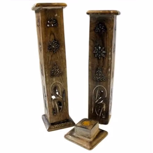 KDMD Brown Wood Smoke Tower with Square Geometric Design for Tealights