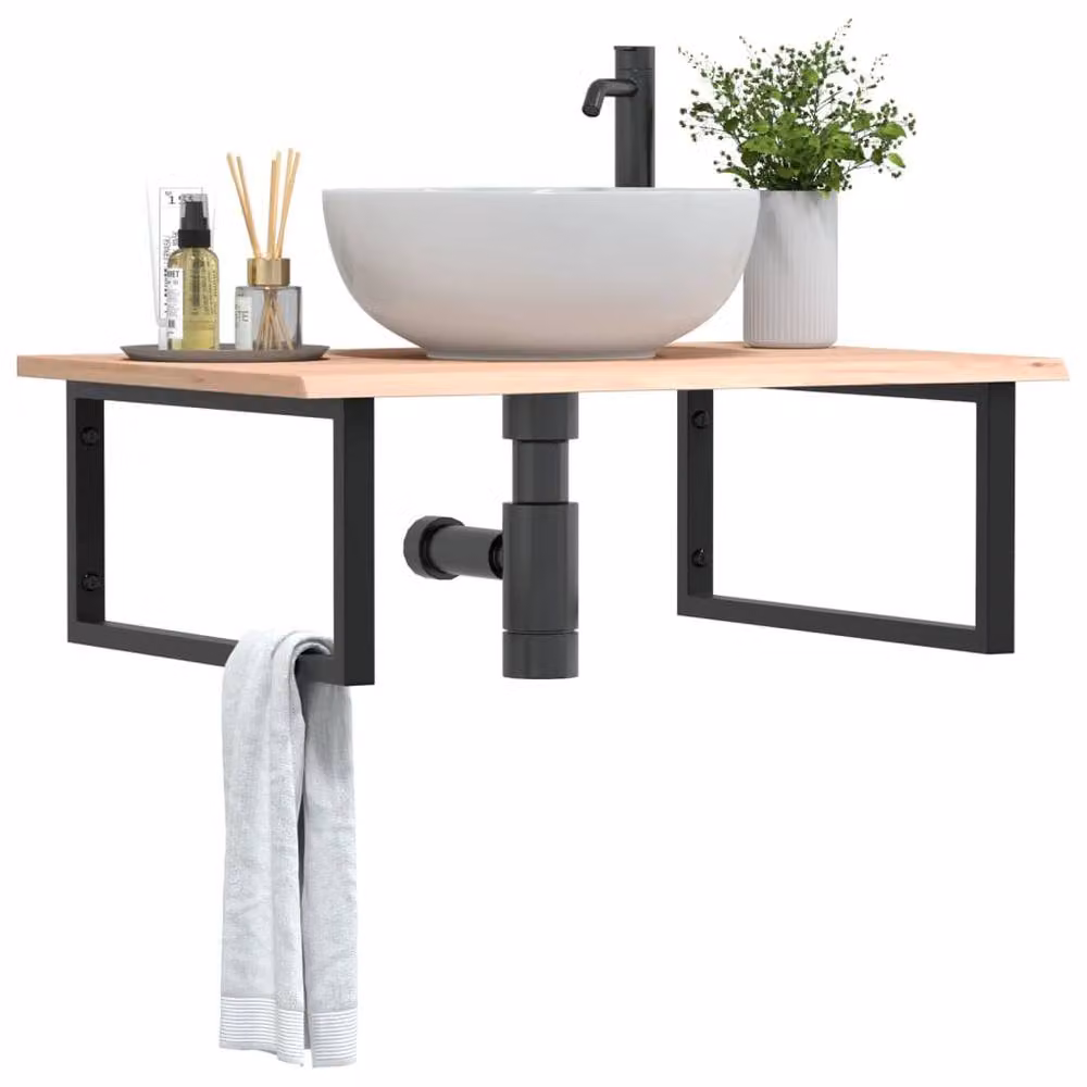 Berkfield Home Elegant Wall Mounted Basin Shelf in Light Tan Oak and Black Steel, W: 60 cm, D: 27 cm, H: 60 cm – 2