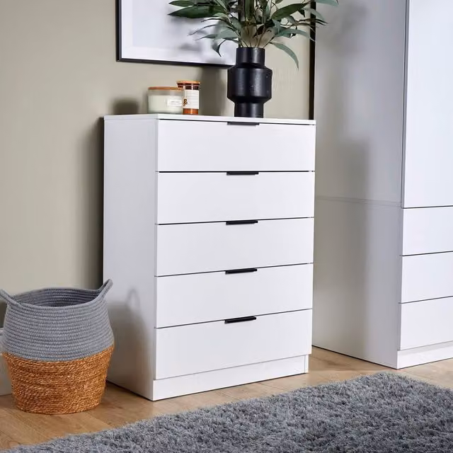Home Source Phoenix 5 Drawer Chest of Drawers Bedroom Organiser in White – 1