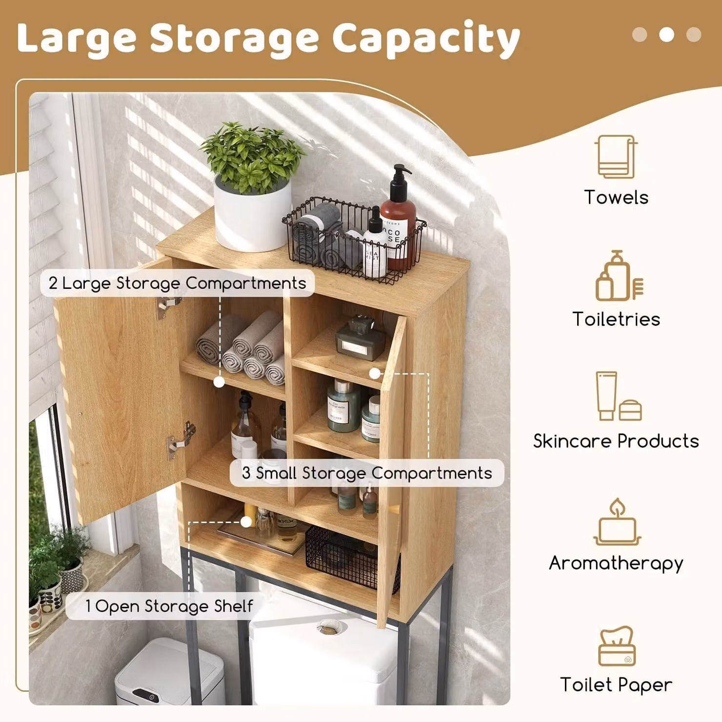 Costway Freestanding Over The Toilet Storage Cabinet with Rattan Doors in Natural Brown – 4