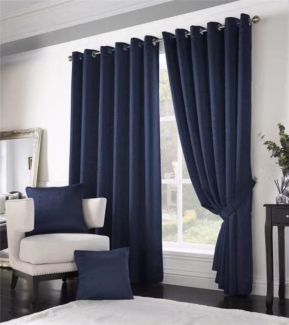 Luxury Living Adi Lined Ring Top Eyelet Curtains in Navy, Width: 168 cm, Drop: 229 cm – 1
