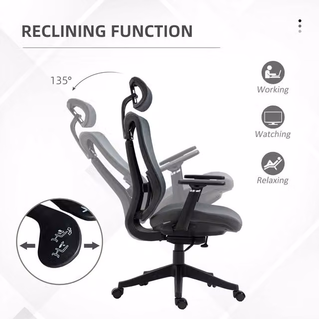 Vinsetto Grey and Black Task Office Chair with Headrest, Armrests and Castors