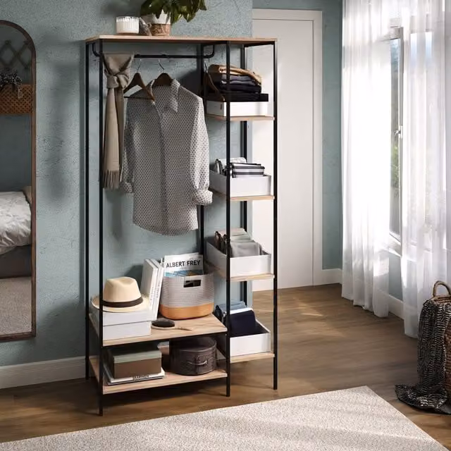 Kelly Oak Effect Open Wardrobe with Side Shelf Storage in Rustic Oak and Black Industrial Style