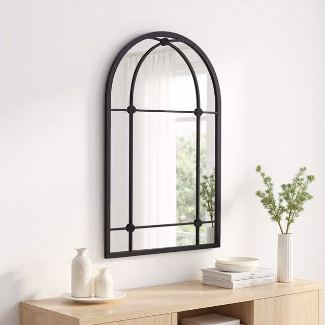 Komore Black Rustic Arch Windowpane Wall Mirror