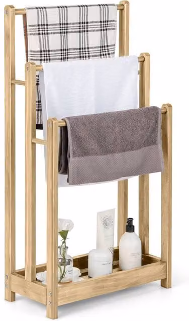 Costway 3-Tier Wooden Towel Rack and Freestanding Bathroom Drying Stand in Natural Brown – 1