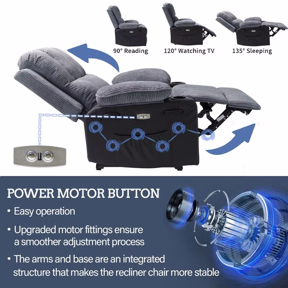 Violhedo Ergonomic Power Recliner Chair with Massage Footrest and Cup Holders in Grey – 3