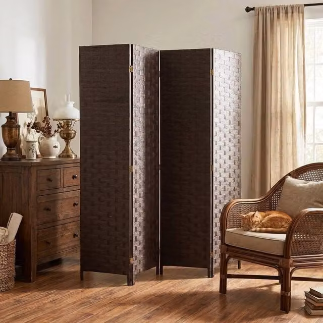 EONLION 4 Panel Folding Room Divider Privacy Screen in Dark Brown with Rattan and Wood Geometric Design, W/D/H: 200 x 50 x 50 cm – 1