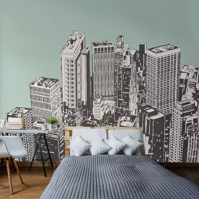 Origin Murals Urban City Skyscrapers Wall Mural in Green