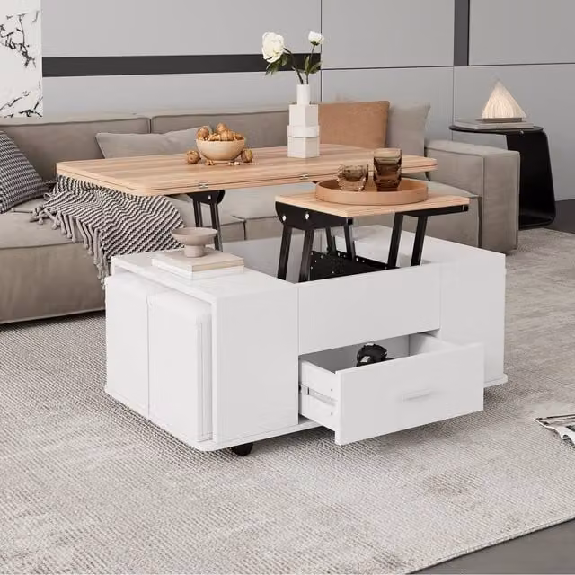 Merax Extendable Lift Top Coffee Table with 4 Storage Stools and Castors in Sand – 1