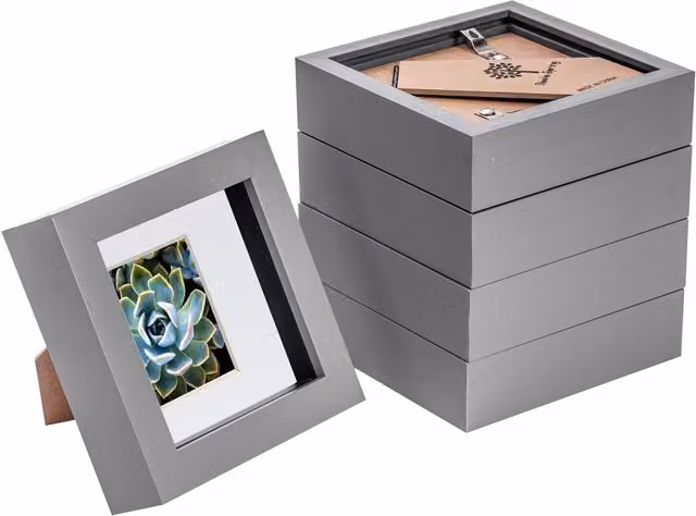 Nicola Spring Pack of 5 Grey 3D Box Photo Frames with Black Mounts for 4 x 4 inch Photos and 2 x 2 inch Mounts – 1