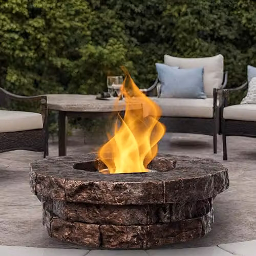 Teamson Home Brown Round Stone Effect Propane Gas Fire Pit Table with Lava Rocks and Cover – 6