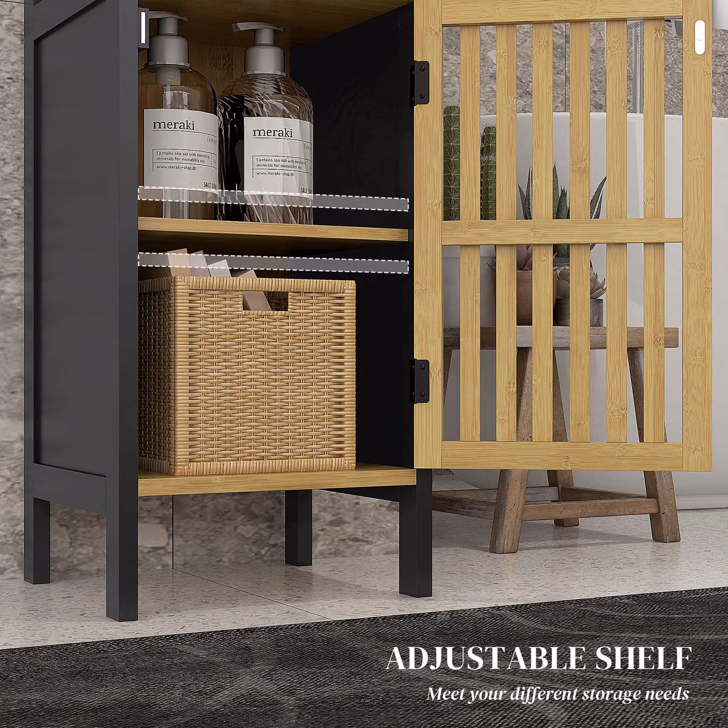 HOMCOM Slim Black Bamboo Bathroom Storage Cabinet with Open Compartment and Adjustable Shelf – 5