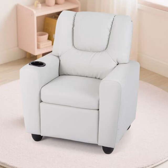 CASART Kids Recliner Chair in Beige PU Leather with Solid Wood Frame