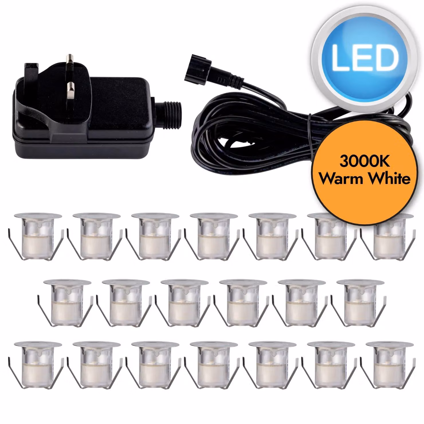 First Choice Lighting Set of 20 Warm White LED Decking Kit, 30mm Stainless Steel, IP67, Silver – 3
