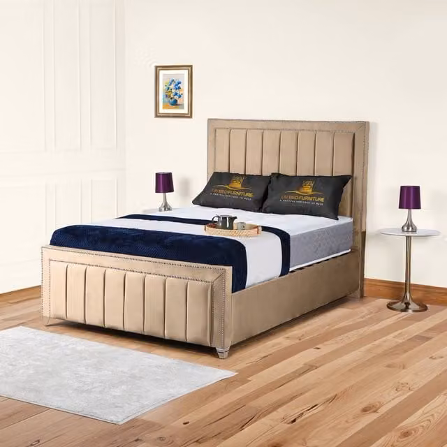 UK Bed Furniture Fiona Upholstered Slatted Base Bed with 48 Inch Headboard in Beige Velvet, Size: 200 x 200 cm