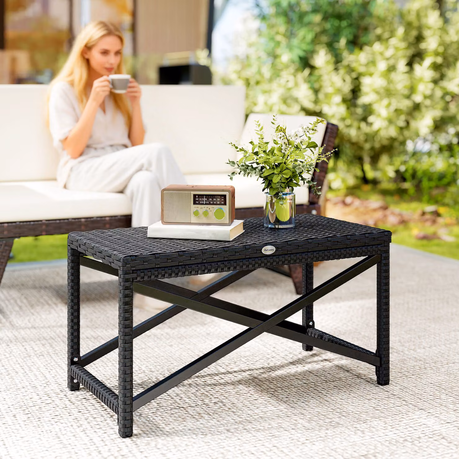 Outsunny Modern Black Polyrattan Outdoor Coffee Table with X-Frame for Garden and Balcony, W/D/H: 80.0 x 43.0 x 30.0 cm – 2
