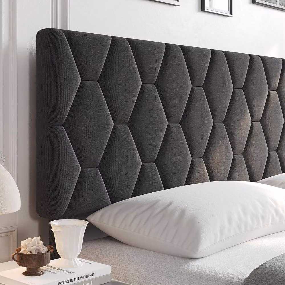 London Boutique Modern King Size Upholstered Platform Bed Frame with Geometric Headboard in Grey, W/D/H: 180 x 200 x 193.04 cm – 4