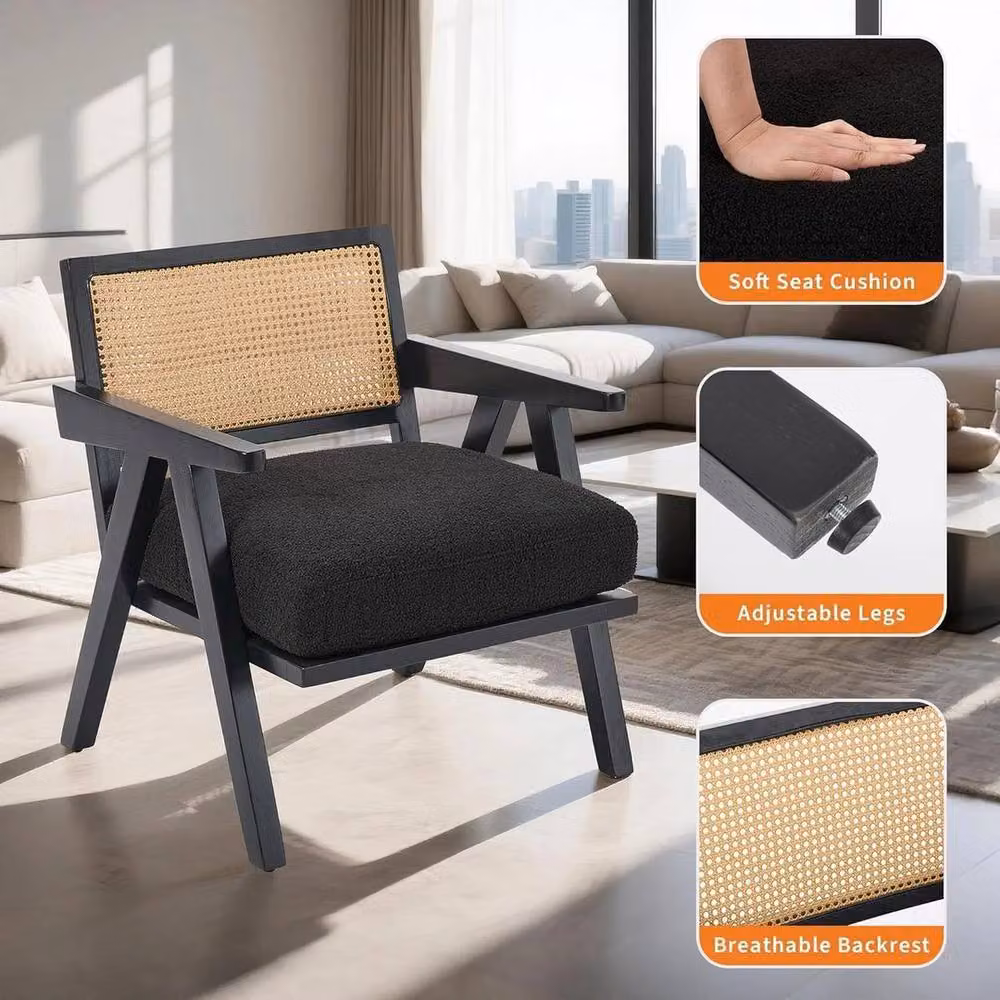GarveeHome SPETLEK Mid-Century Farmhouse Accent Chair in Black Fabric with Wood Armrests – 4