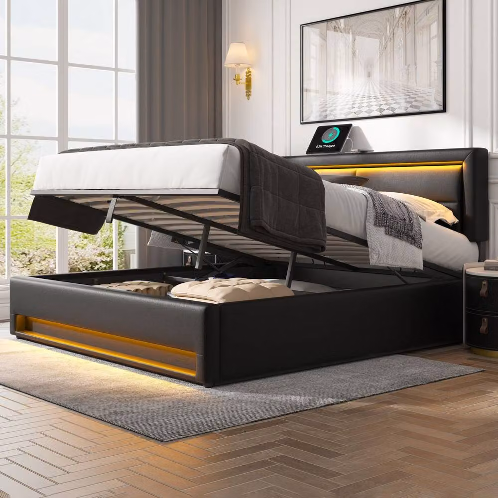Merax Super King LED Storage Bed in Black with USB Charging and Lift Up Base, W/D/H: 180 x 200 cm – 3