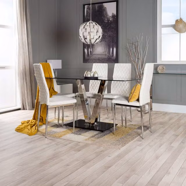 FurnitureboxUK Florini Black Glass and Chrome Metal Dining Table and 6 White Milan Dining Chairs Set