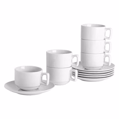 Argon Tableware 12 Piece White Porcelain Stacking Teacup and Saucer Set – 1