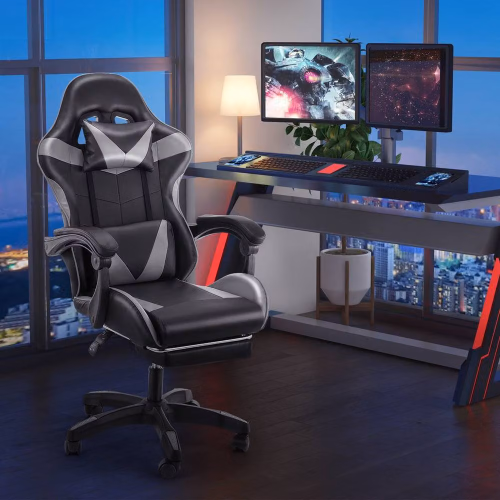 VOGREX Ergonomic Black and Grey PU Leather Gaming Chair with Headrest and Armrests – 3