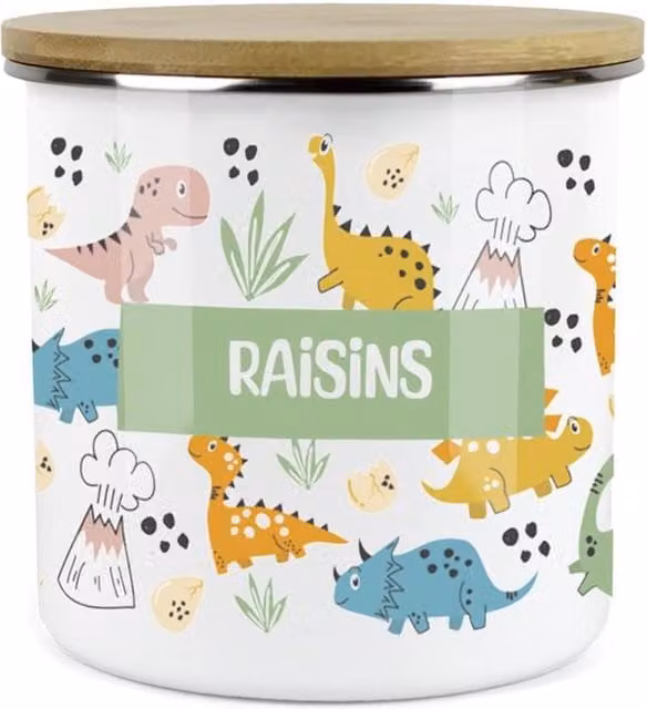 Purely Home Cartoon Dinosaurs Childrens Mini Snack Pot with Raisins, Green and Multicolour Enamel Metal
