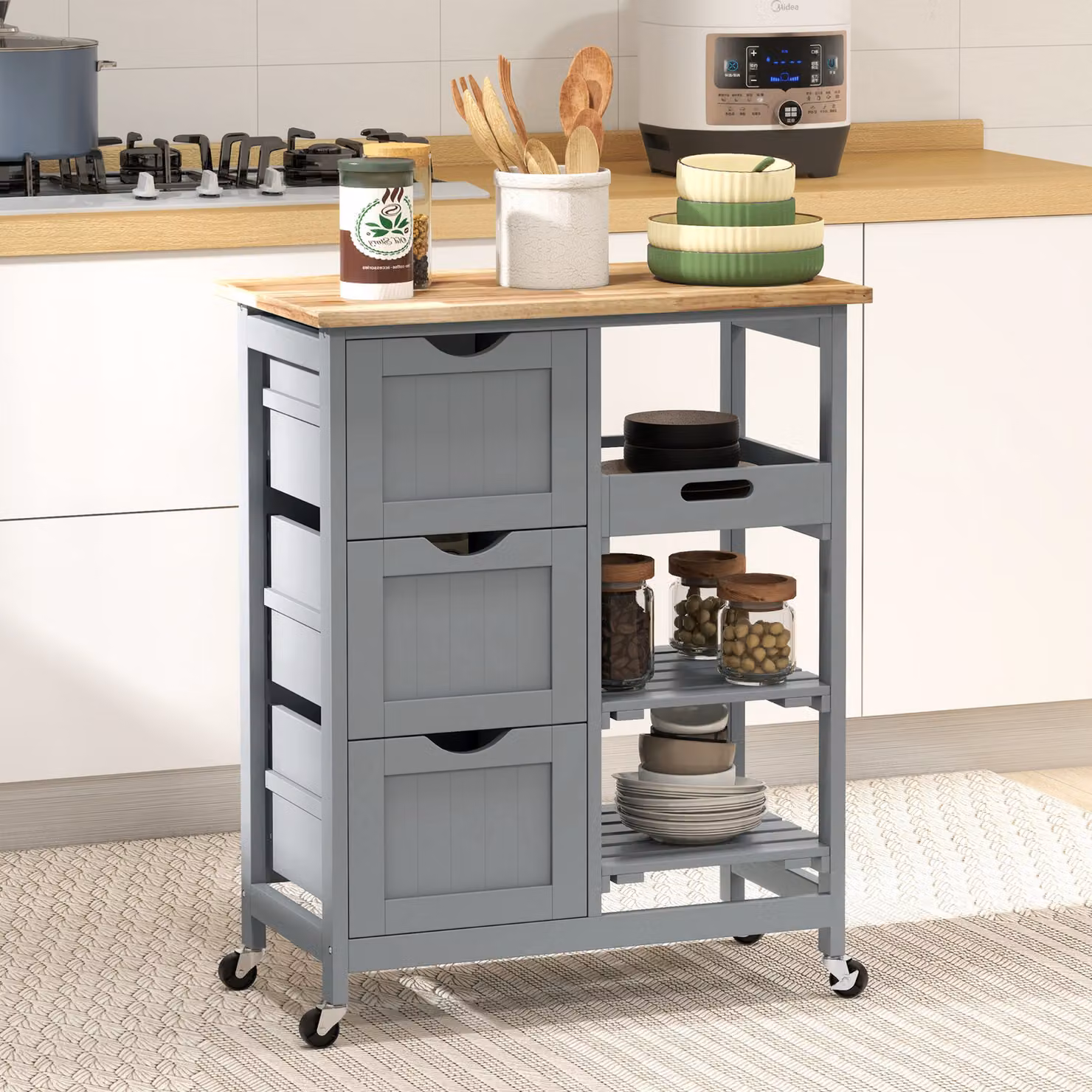 HOMCOM Rolling Kitchen Island Cart and Bar Serving Trolley with Wood Top and Shelves in Grey – 2