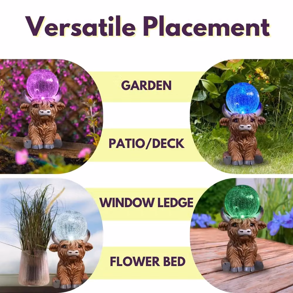 Marco Paul Highland Cow Solar Powered Garden Ornament with Crystal Ball, Multicolour, Height: 36 cm – 3