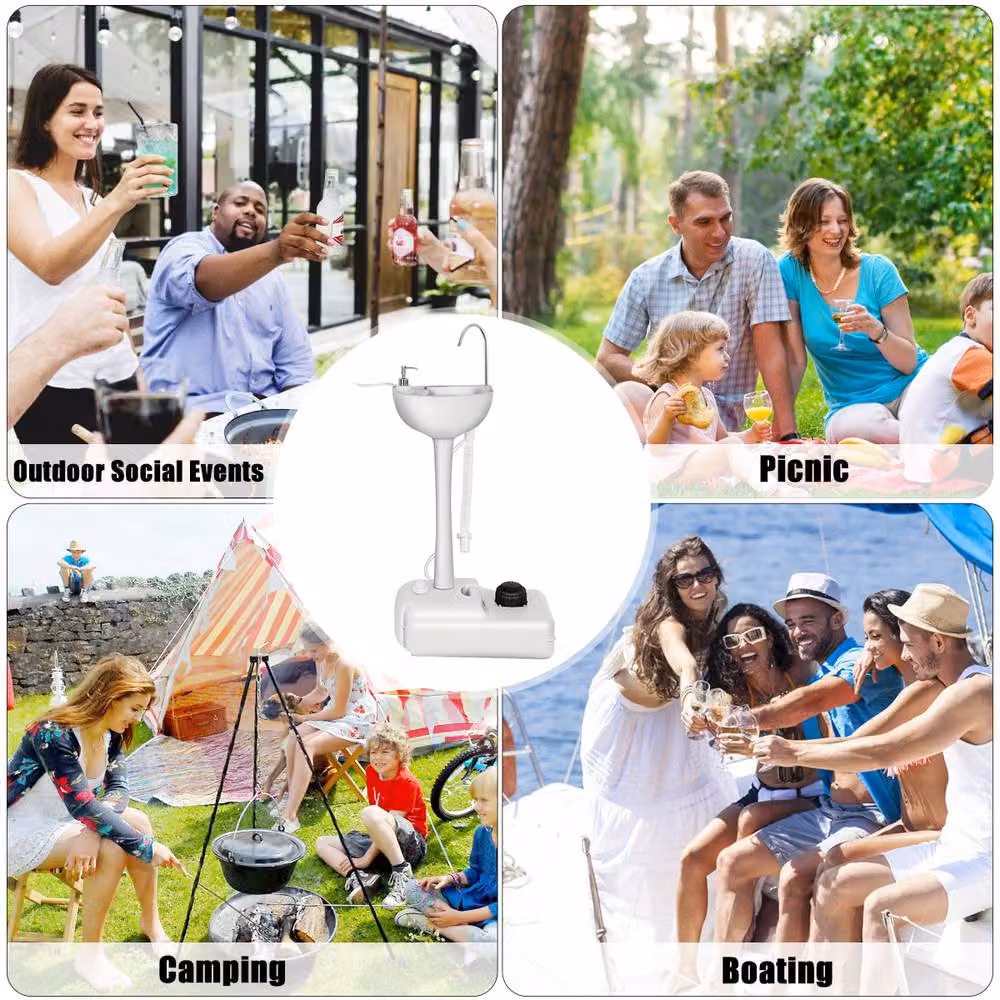 Costway Portable Mobile Camping Hand Wash Sink Stand with Rolling Wheels, Grey and White – 3