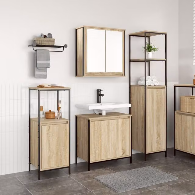 Berkfield Home 3 Piece Modern Bathroom Furniture Set in Sonoma Oak Brown, including Tall Cabinet, Vanity Unit and Wall Cabinet – 1
