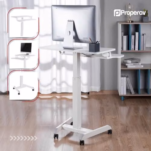 Properav Mobile Two Tier Sit-Stand Desk Workstation with Gas Spring Height Adjustment and Keyboard Tray, White, W: 80 cm, D: 40 cm – 5