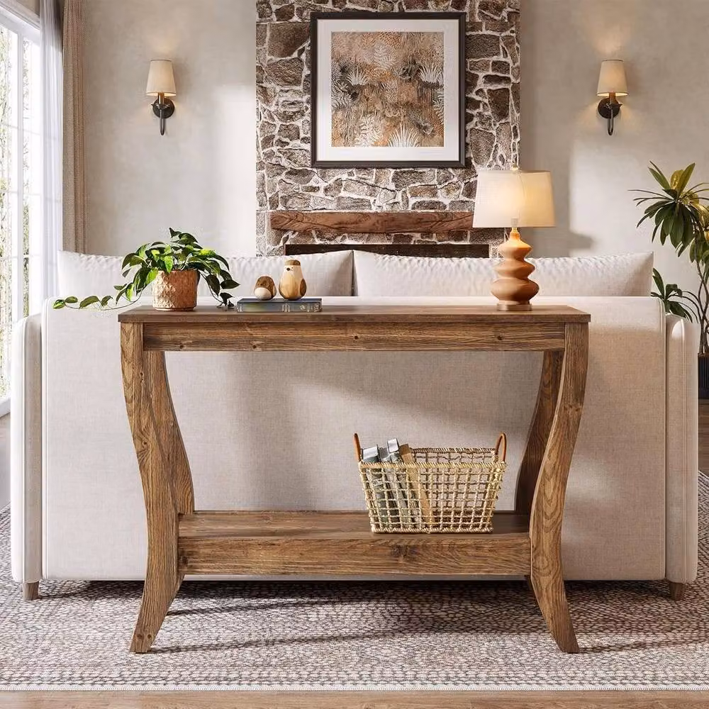 VOGREX 2-Tier Rustic Solid Wood Console Table, Brown, W/D/H: 104.9 x 30.0 x 80.0 cm – 3